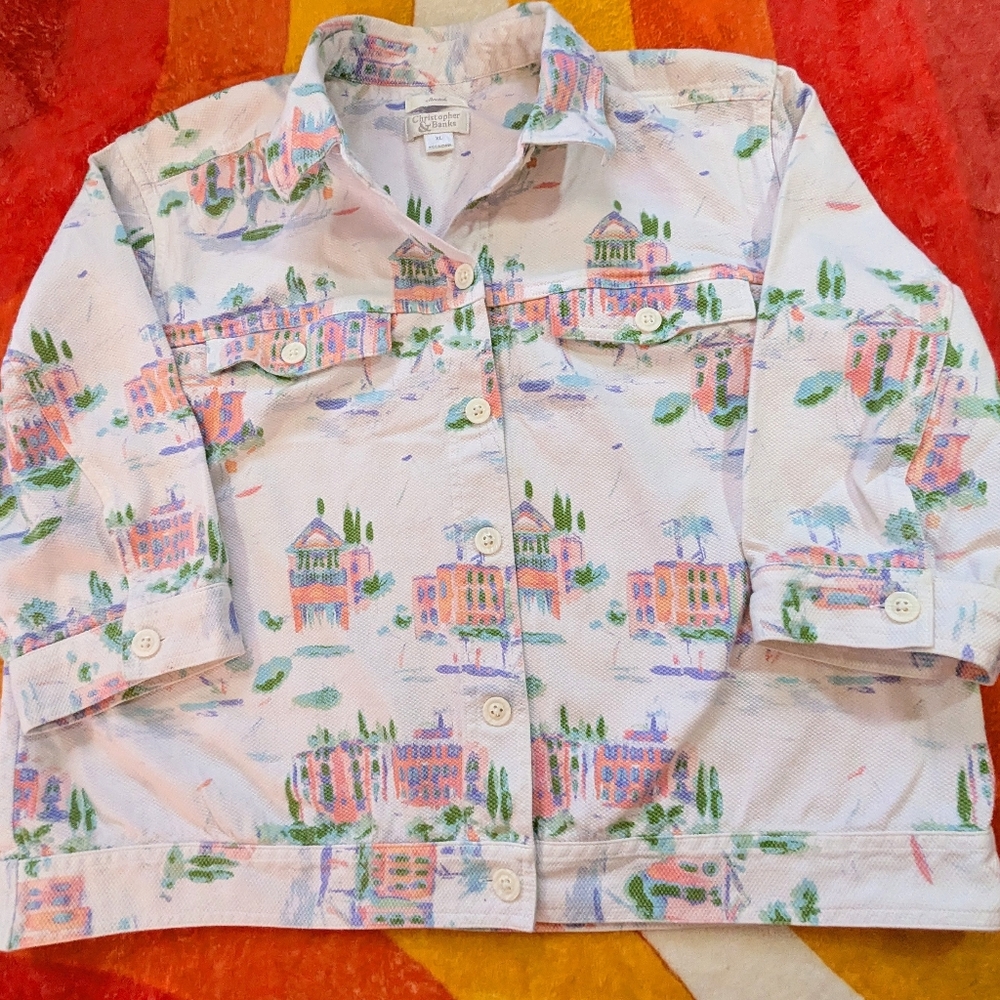 Christopher & Banks XL White Watercolor Village Print Denim Jacket Blazer
